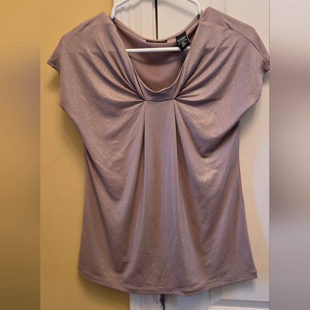 New York & Company Womens Beautiful Metallic Ruched Blouse Short Sleeve Top Y2k